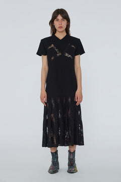 Lace Mix Pleat Dress - Black