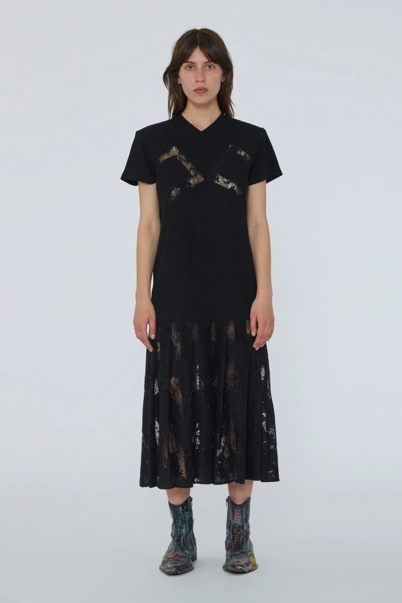 Lace Mix Pleat Dress - Black