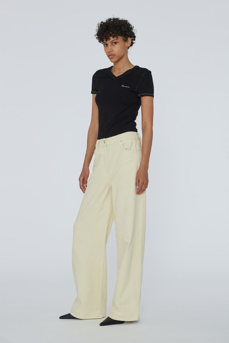 Striped Twill Wide Pants - Straw Comb