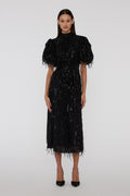 Sequin Midi Puff Dress - Black