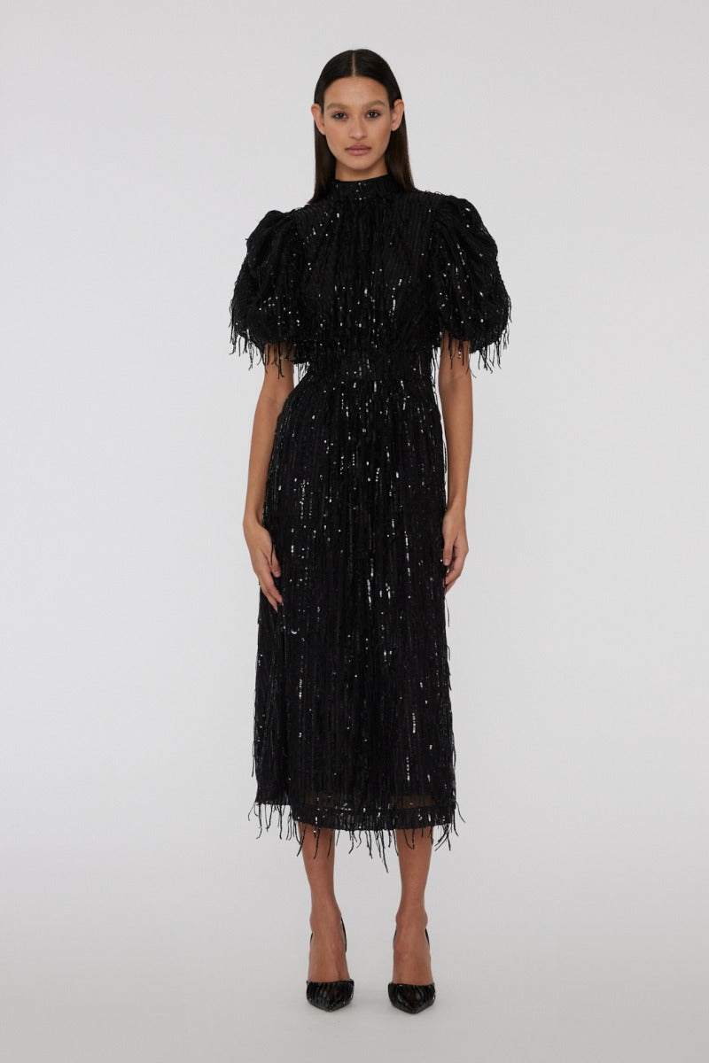 Sequin Midi Puff Dress - Black