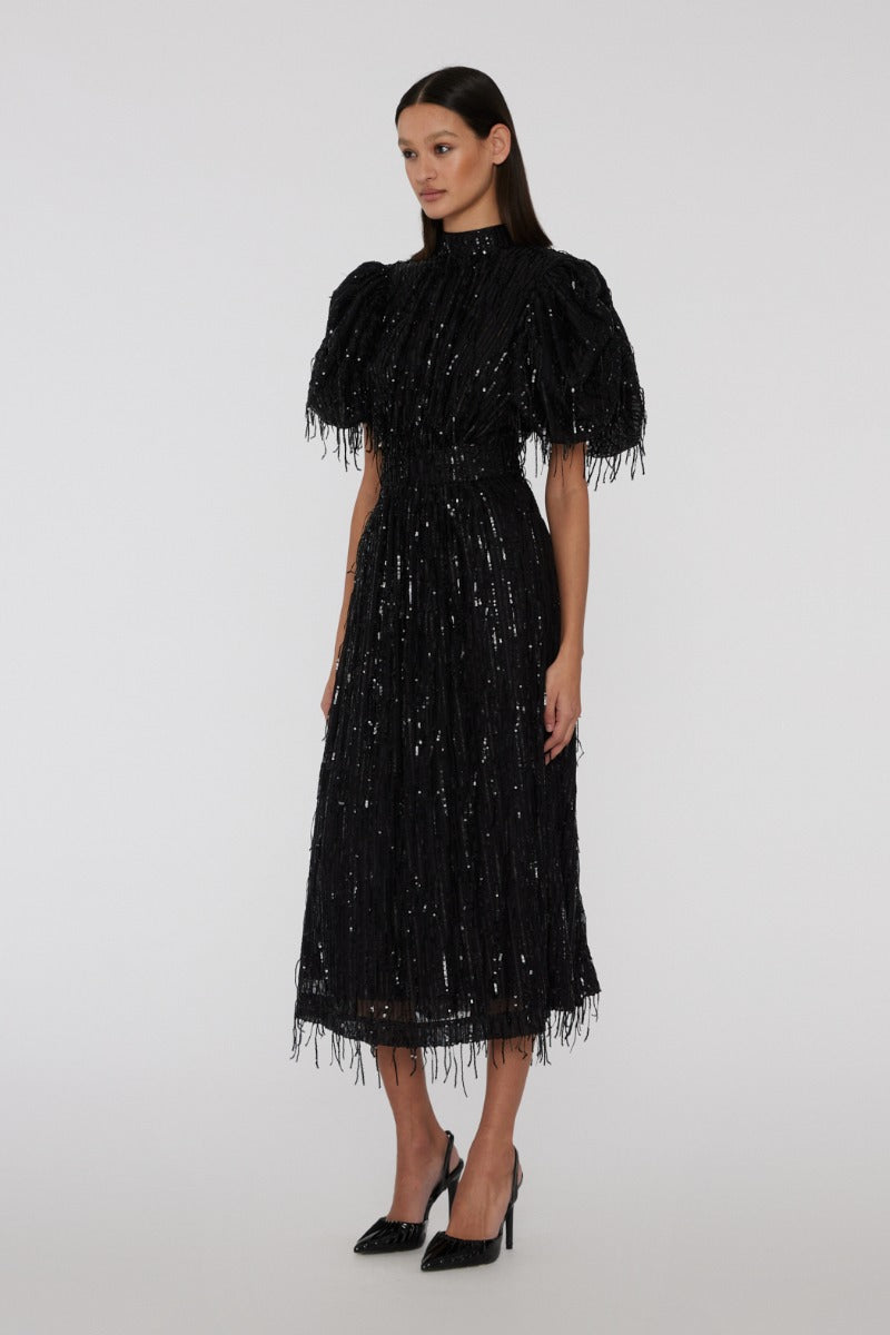 Sequin Midi Puff Dress - Black