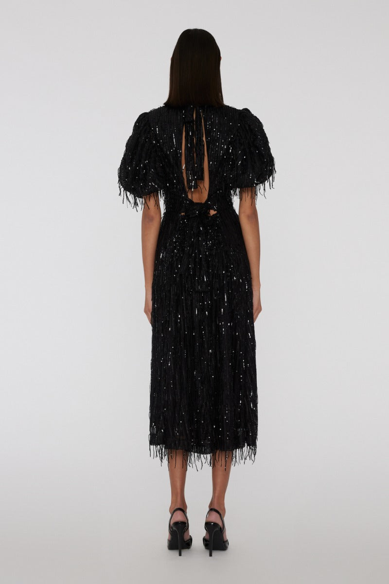 Sequin Midi Puff Dress - Black