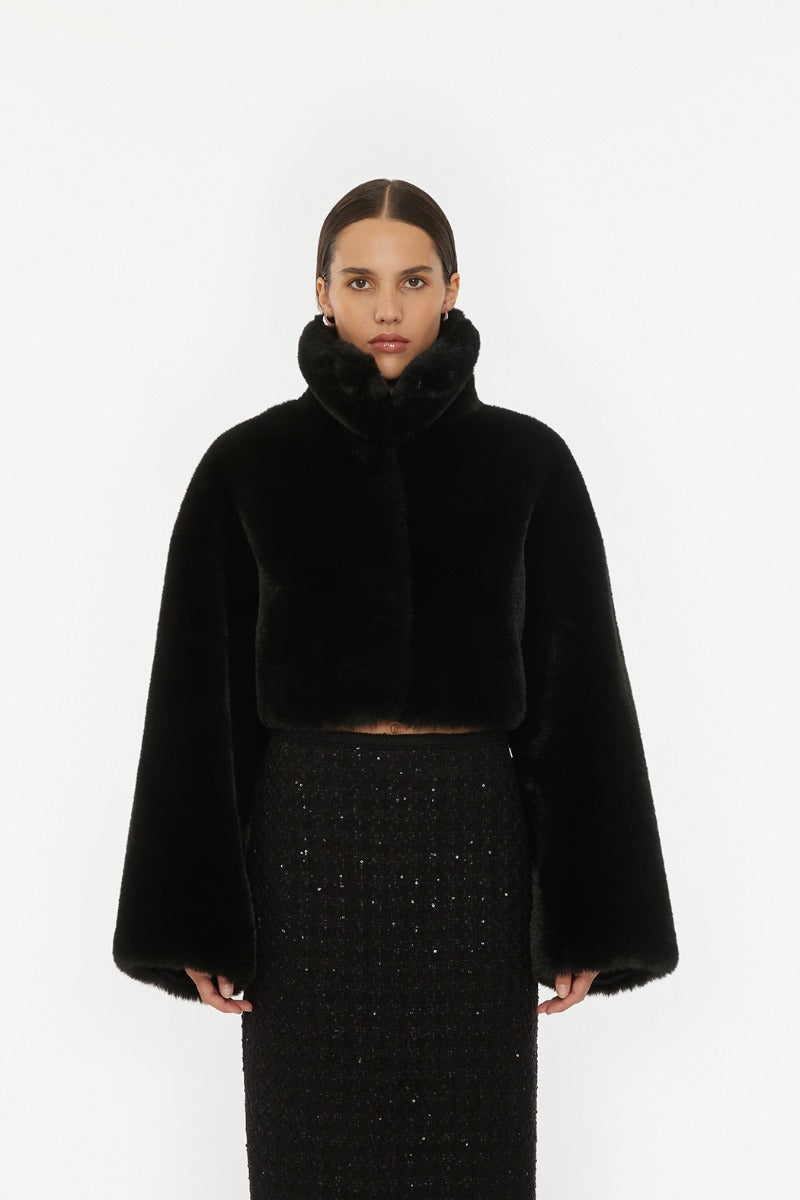 Faux Fur Crop Jacket - Black