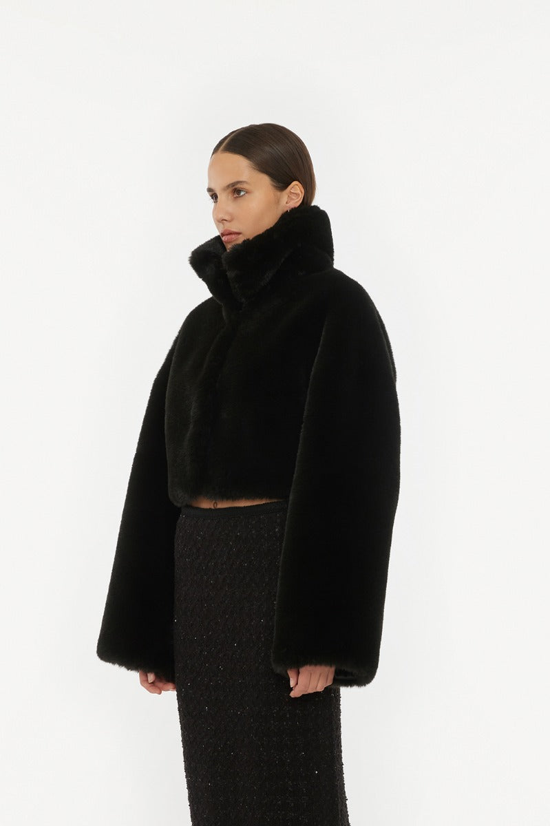 Faux Fur Crop Jacket - Black