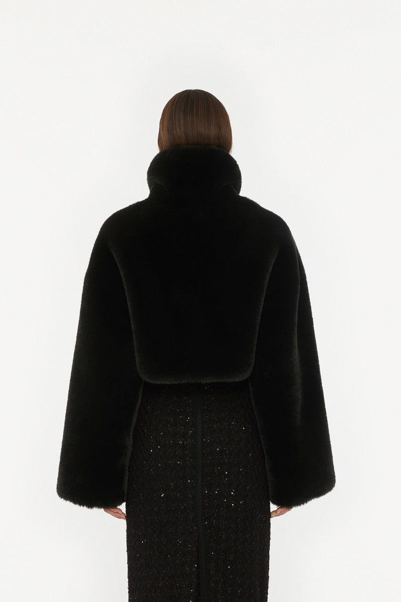 Faux Fur Crop Jacket - Black