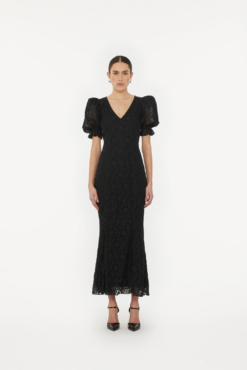 Lace Puff Sleeve Maxi Dress - Black
