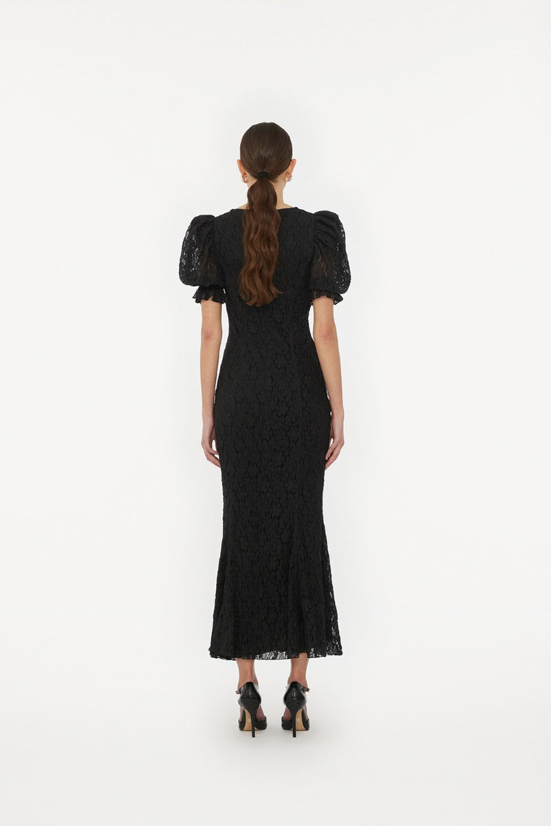 Lace Puff Sleeve Maxi Dress - Black