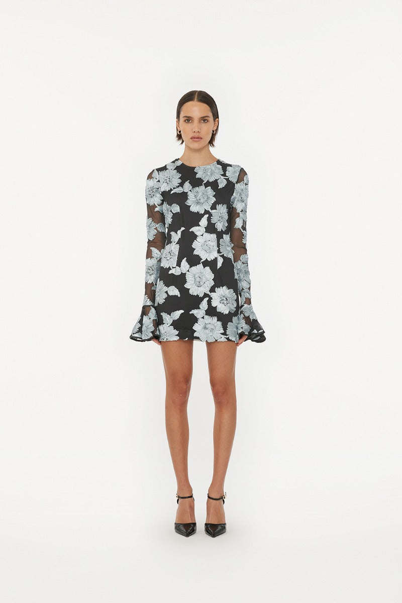 Flower Mesh Ls Mini Dress - Gray Pinstripe Comb.