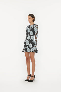 Flower Mesh Ls Mini Dress - Gray Pinstripe Comb.