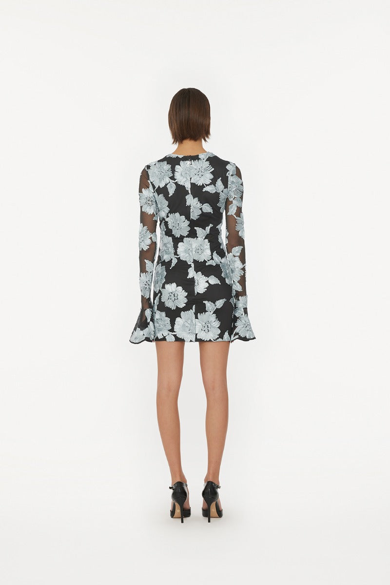 Flower Mesh Ls Mini Dress - Gray Pinstripe Comb.