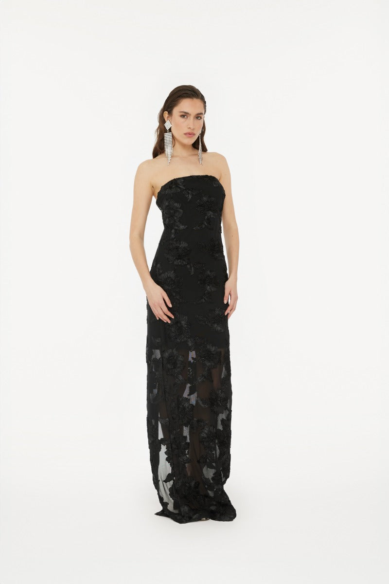 Flower Mesh Tube Dress - Black