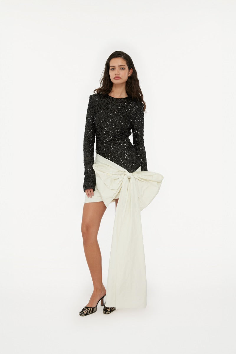 Sequins Bow Mini Dress - Black