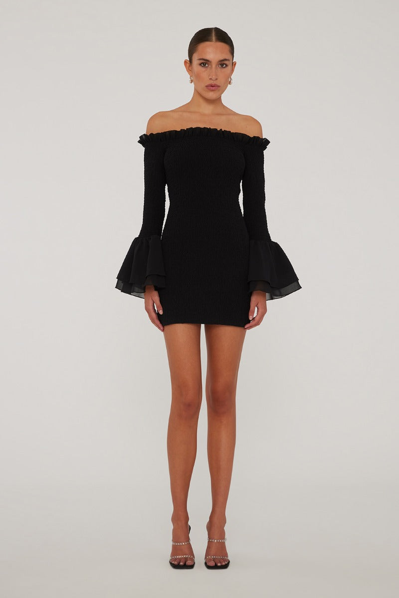 Chiffon Smock Mini Dress - Black