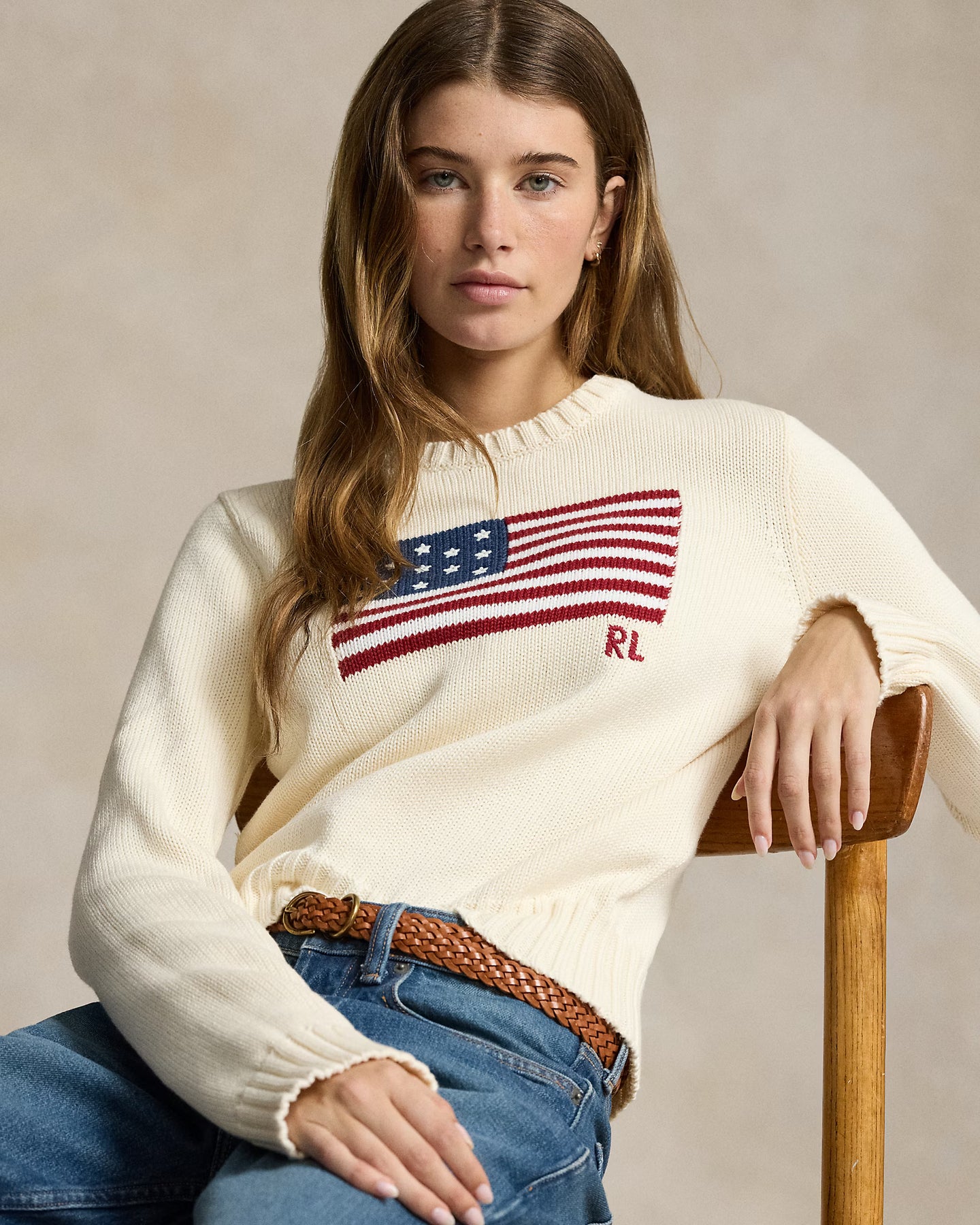 Flag Cotton Crewneck Jumper - Cream
