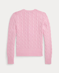 Cable-Knit Cotton Crewneck Cardigan - Carmel Pink