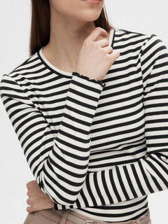 Anna Ls Crew Neck Tee Str  - Black W Snow White Stripes