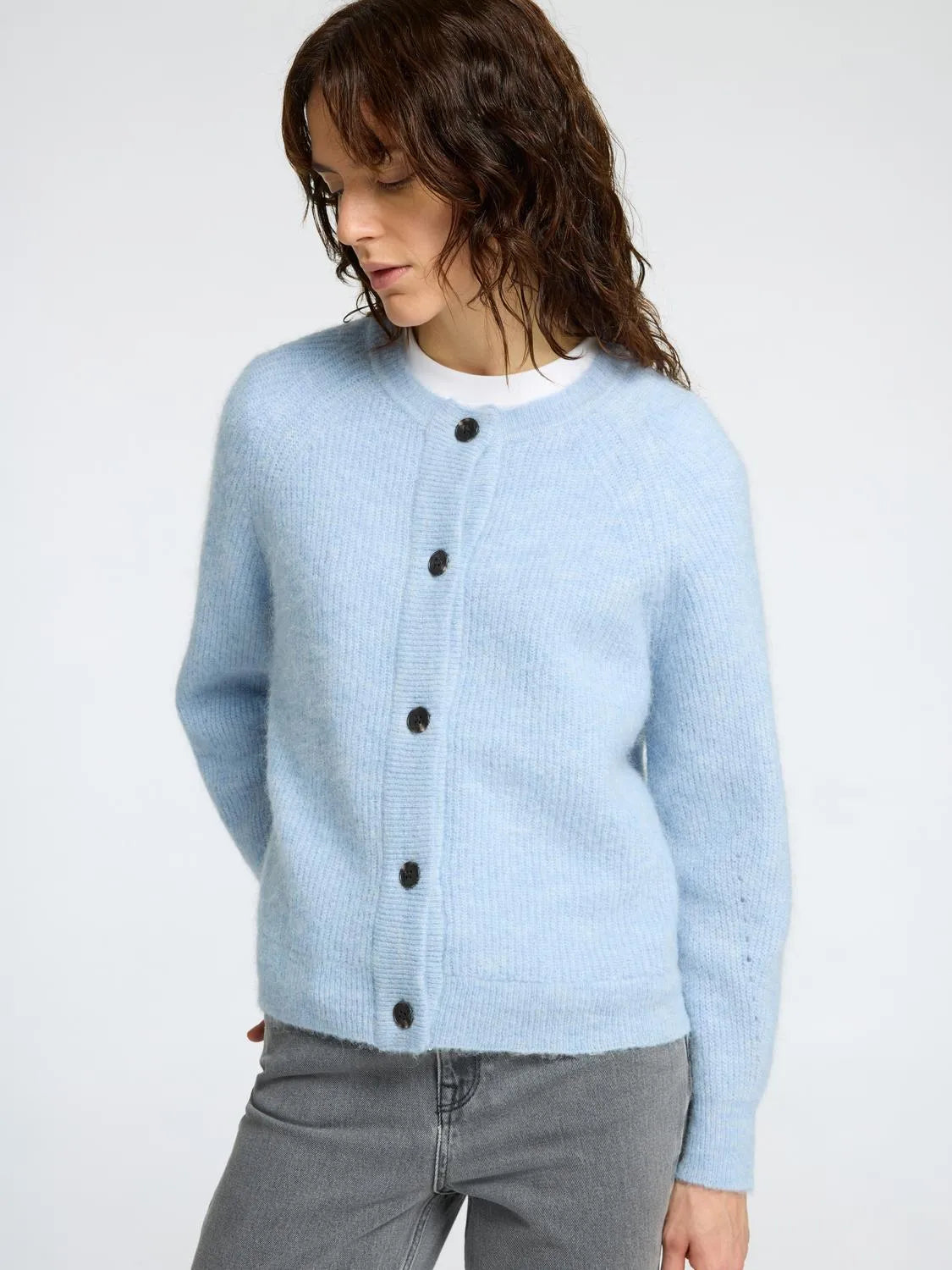 Selected Femme Lulu LS Stickad Kofta - Cashmere Blue Melange
