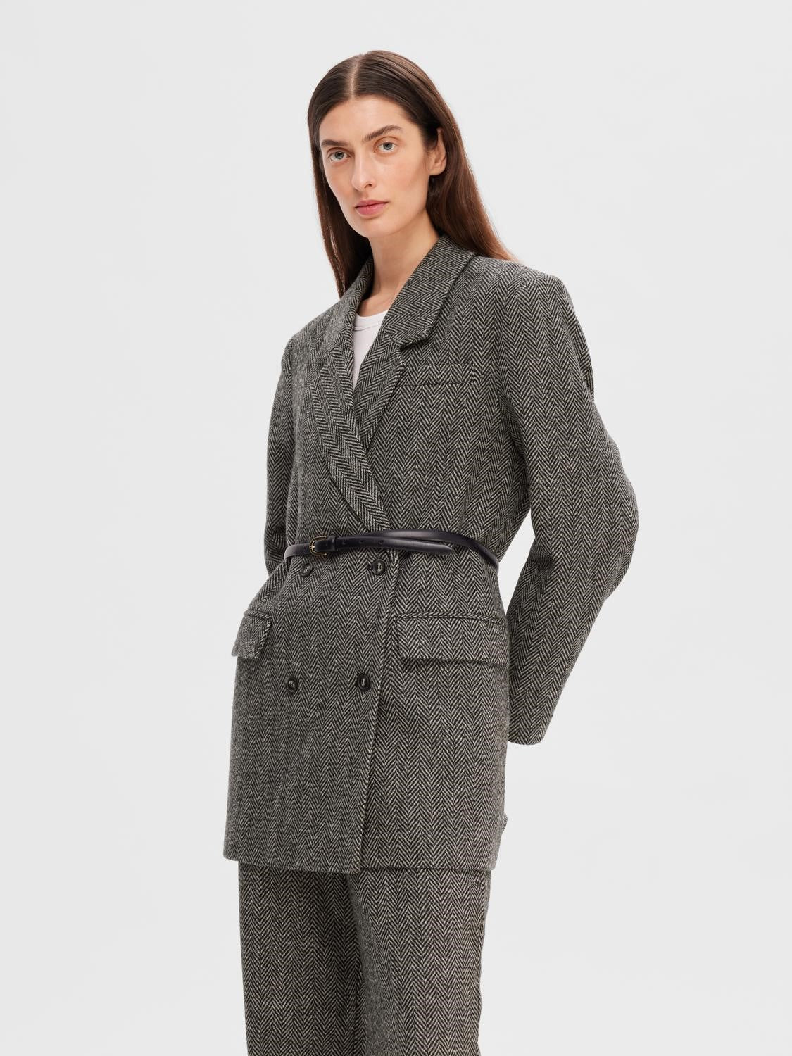 Hera LS Relaxed Blazer - Dark Grey Melange W/Herringbone