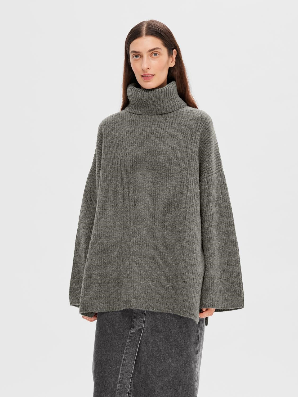 Mary LS Long Knit Roll Neck - Light Grey Melange