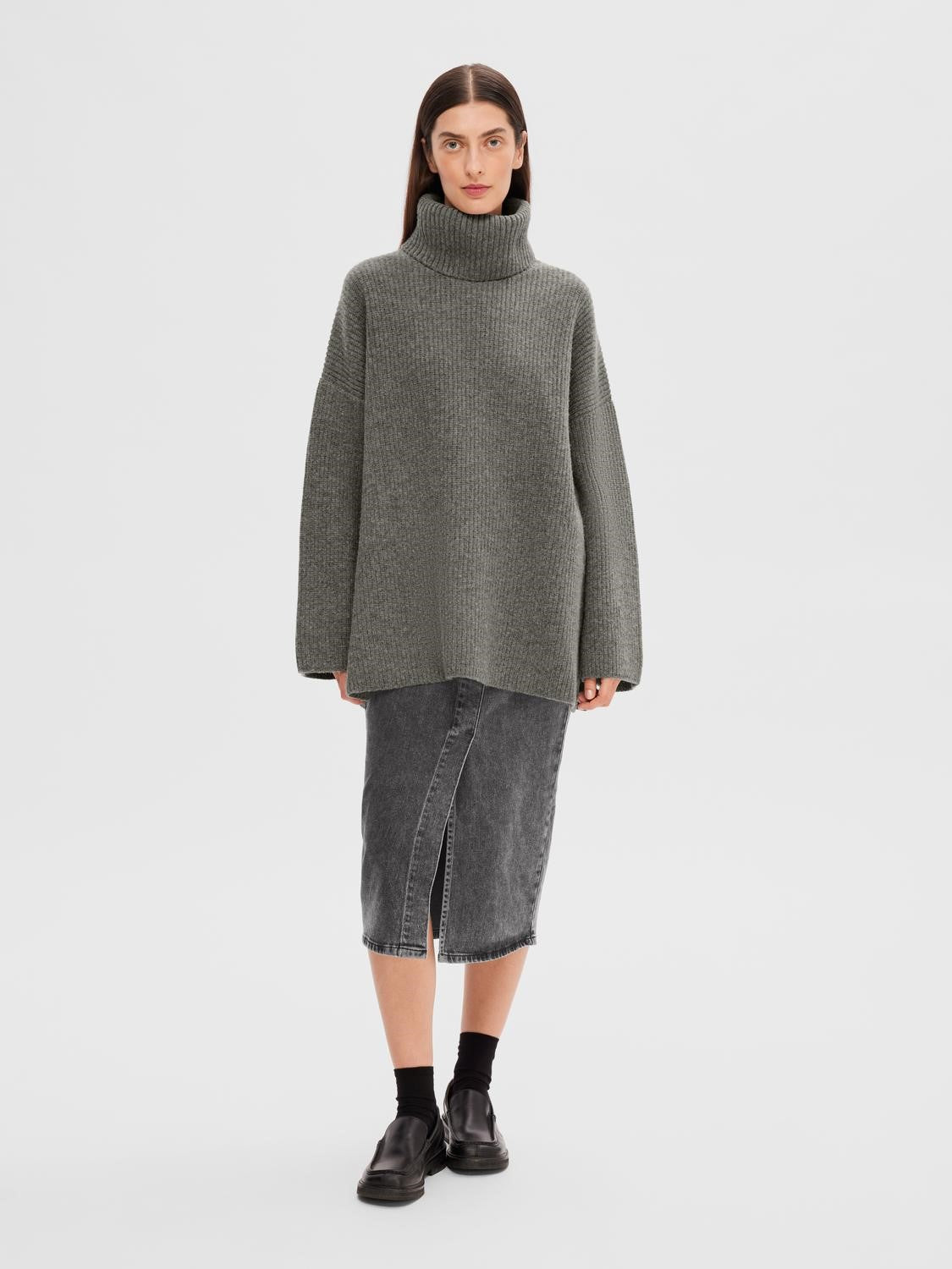 Mary LS Long Knit Roll Neck - Light Grey Melange