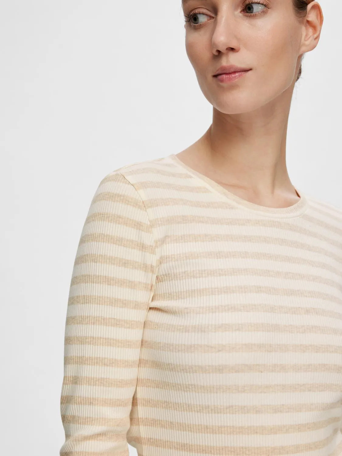 Anna LS Crew Neck Tee - Oatmeal W Snow White Stripes