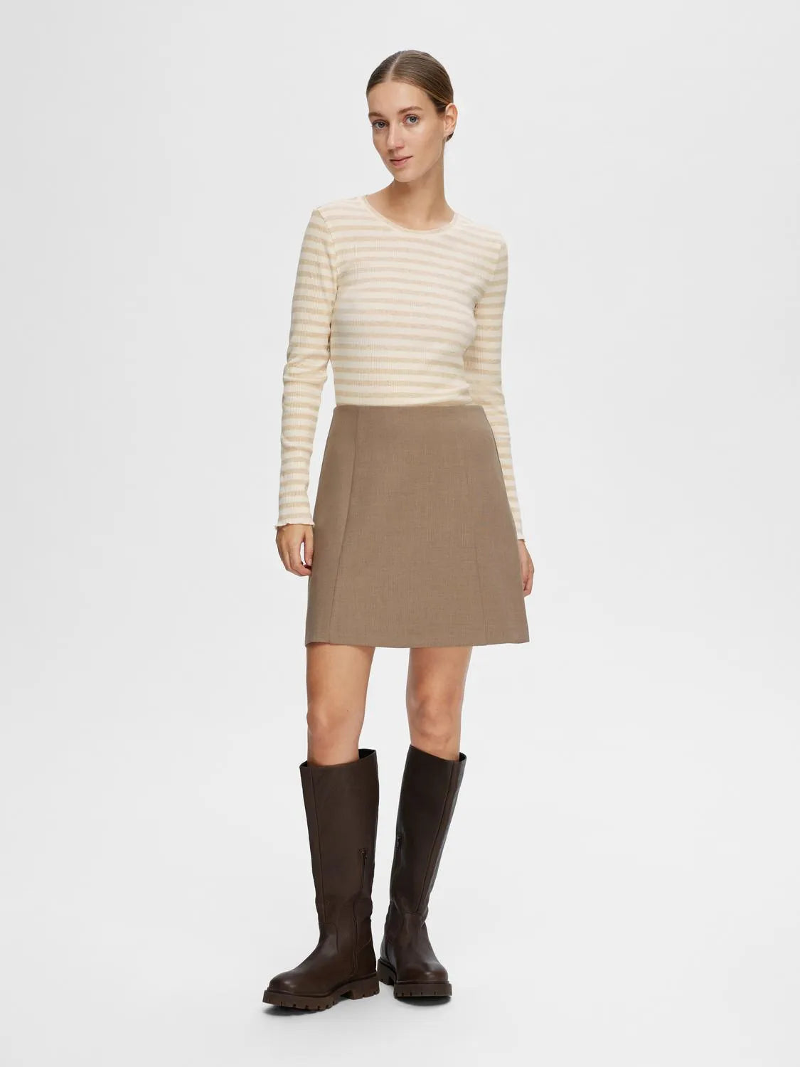 Anna LS Crew Neck Tee - Oatmeal W Snow White Stripes