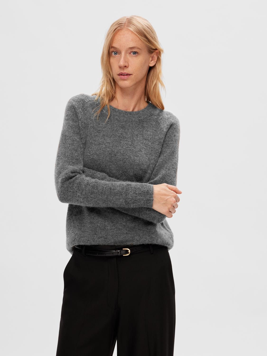 Lulu Ls Knit O-Neck - Medium Grey Melange