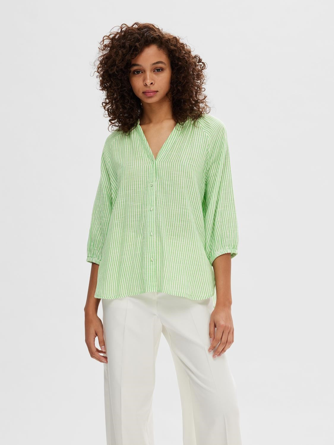 Alberta 3/4 Stripe Skjorta - Snow White/Classic Green