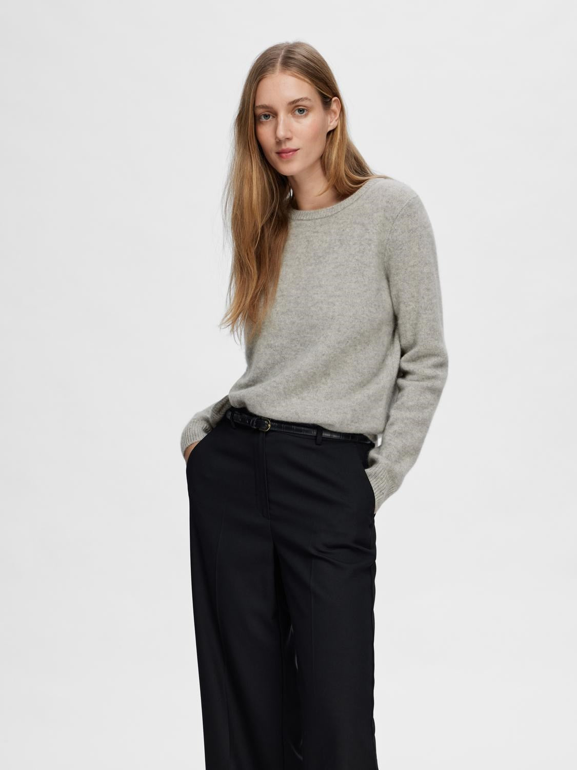 Manila LS Knit Cashmere O-Neck - Light Grey Melange