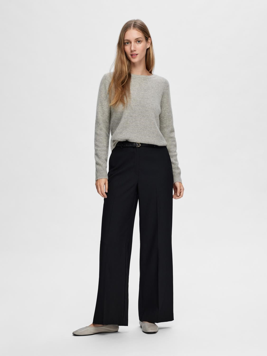 Manila LS Knit Cashmere O-Neck - Light Grey Melange