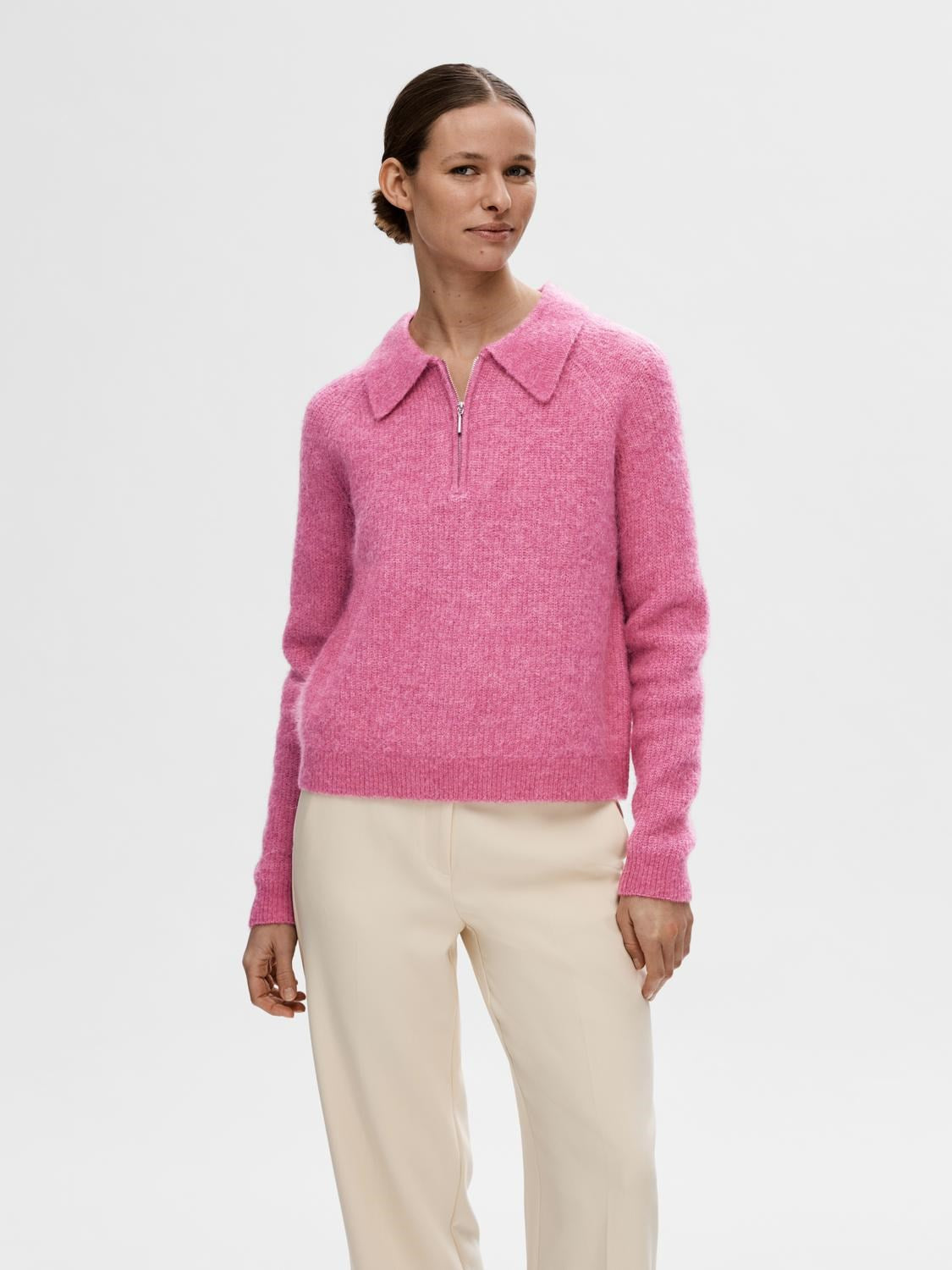 Sia-Mynte Ls Half Zip Knit - Phlox Pink Melange