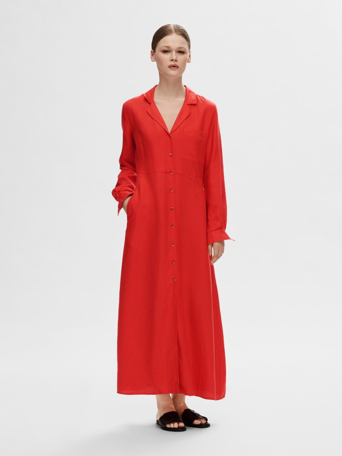 Lyra Ls Ankle Linen Shirt Dress - Flame Scarlet