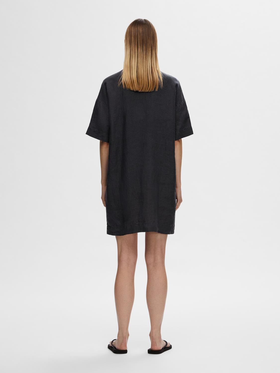 Linnie 2/4 Short Linen Shirt Dress B - Black