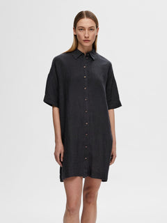 Linnie 2/4 Short Linen Shirt Dress B - Black