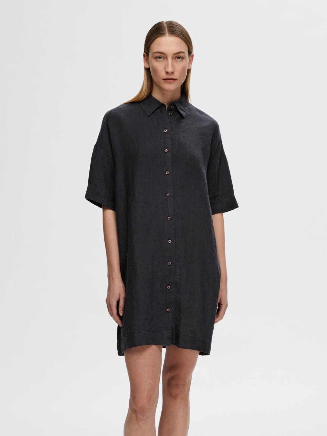 Linnie 2/4 Short Linen Shirt Dress B - Black