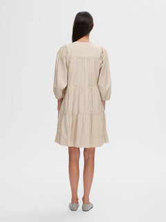 Hillie 3/4 Striped Short Linen Dress - Snow White Humus