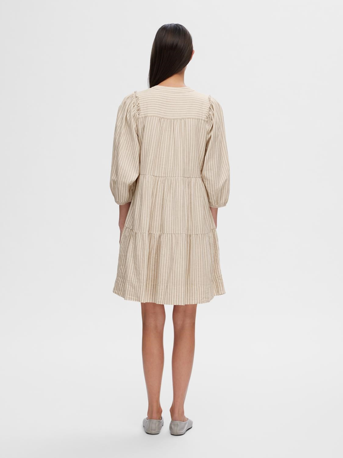 Hillie 3/4 Striped Short Linen Dress - Snow White Humus