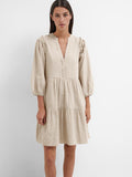 Hillie 3/4 Striped Short Linen Dress - Snow White Humus