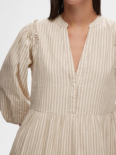 Hillie 3/4 Striped Short Linen Dress - Snow White Humus