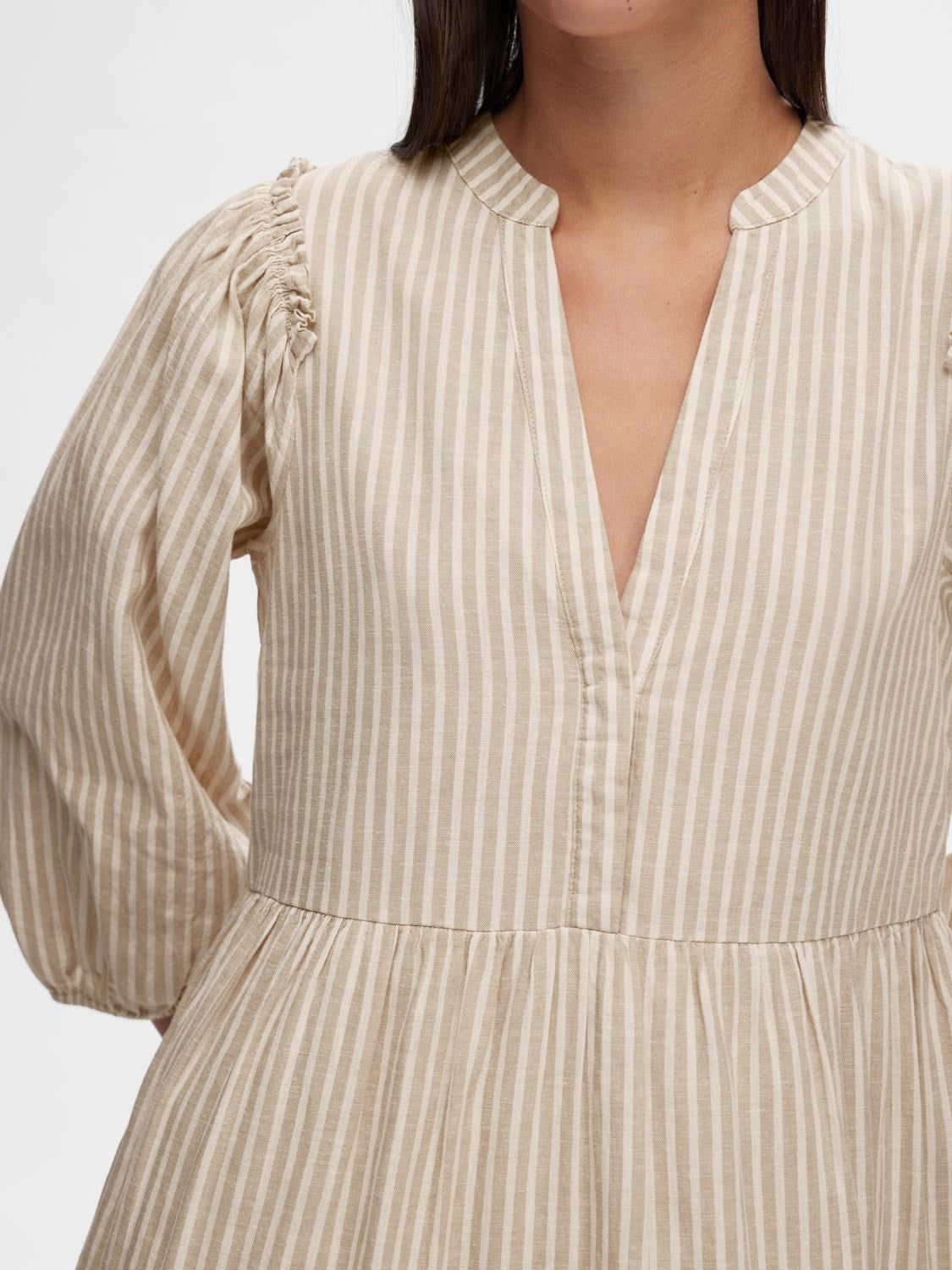 Hillie 3/4 Striped Short Linen Dress - Snow White Humus