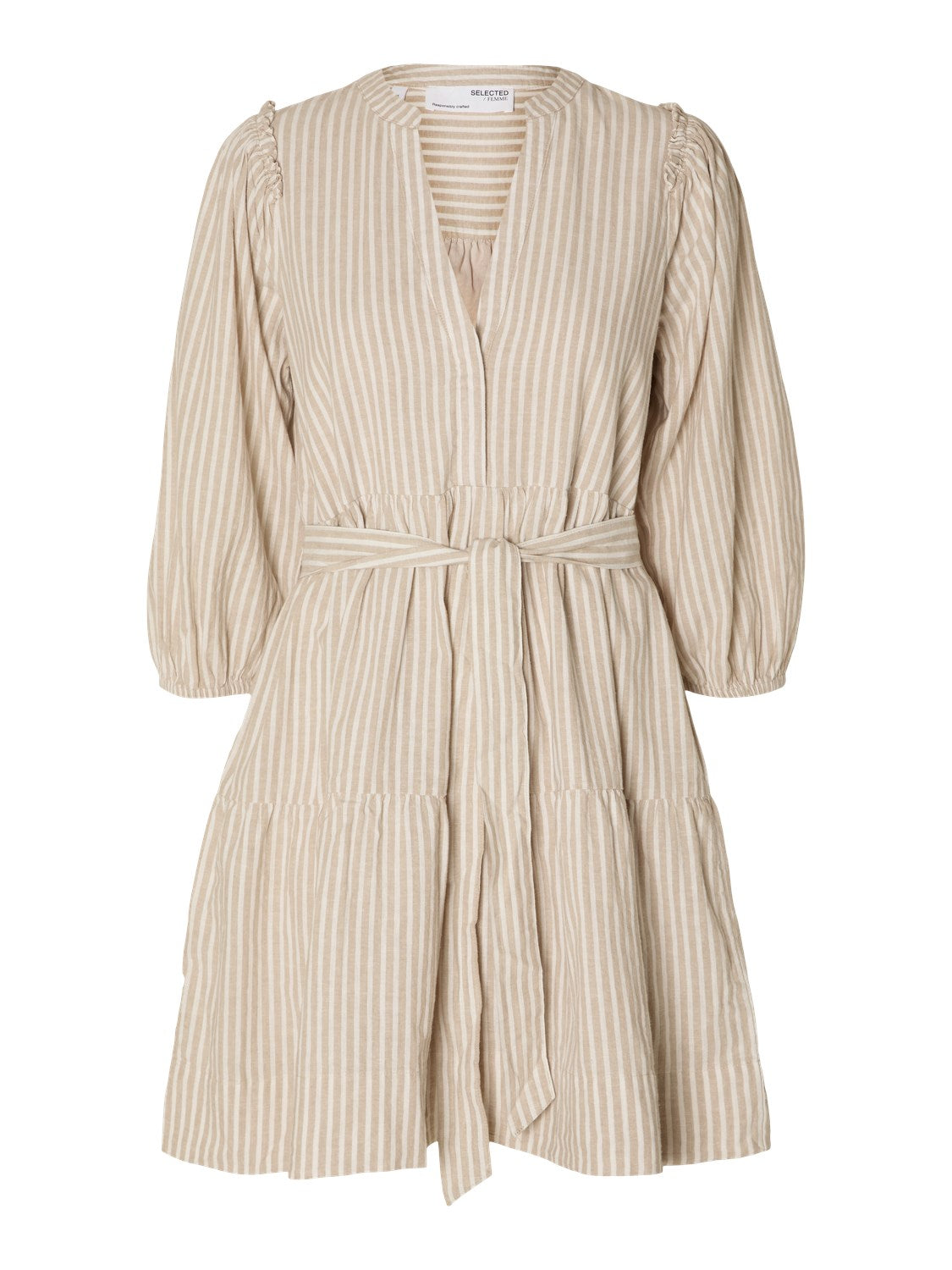 Hillie 3/4 Striped Short Linen Dress - Snow White Humus