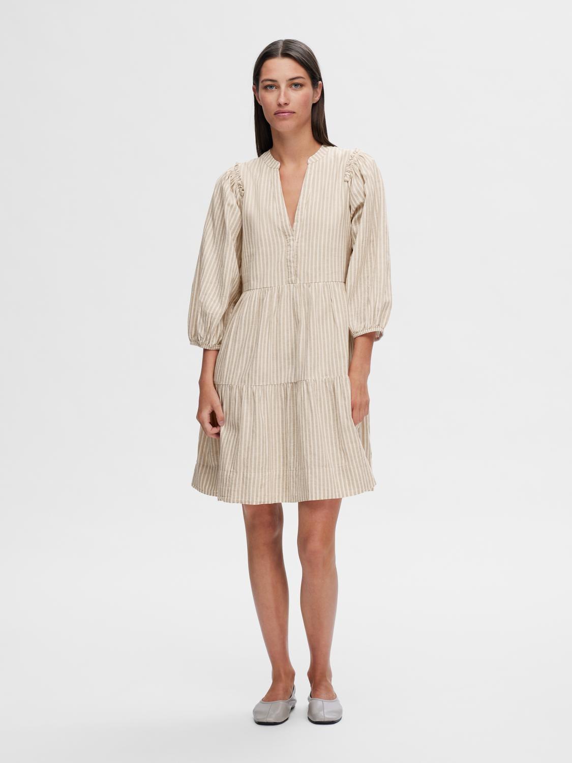 Hillie 3/4 Striped Short Linen Dress - Snow White Humus