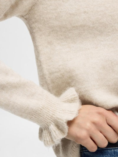 Lulu Ls Knit Frill Cuff O-Neck - Birch Melange