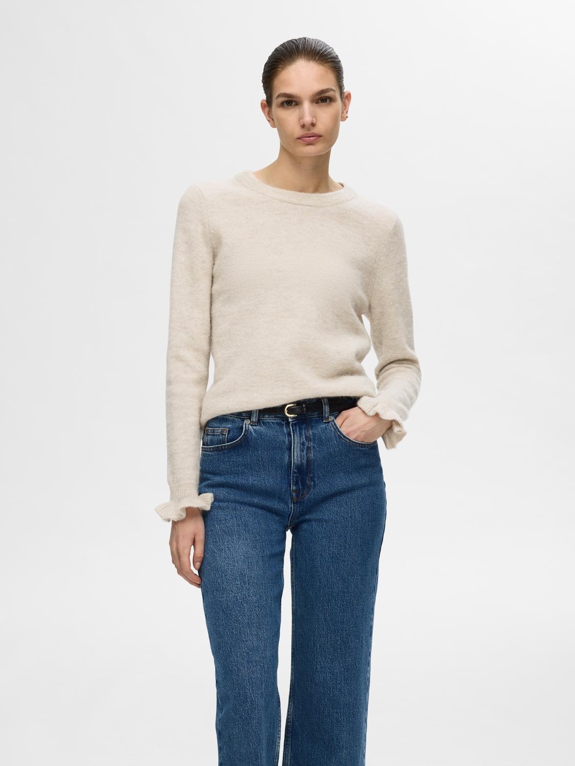 Lulu Ls Knit Frill Cuff O-Neck - Birch Melange
