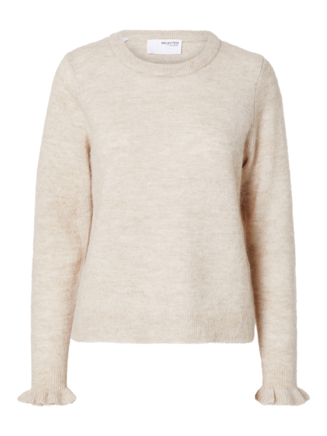 Lulu Ls Knit Frill Cuff O-Neck - Birch Melange