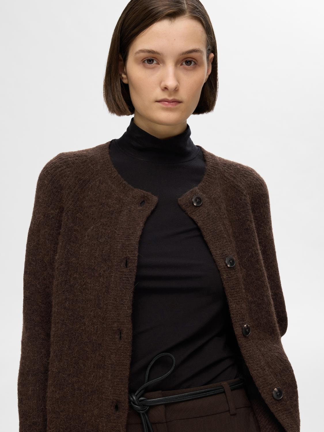 Lulu Ls Knit Short Cardigan - Coffee Bean Melange