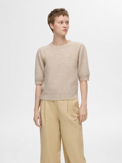 Lulu Ss Open Back Knit O-Neck - Birch Melange