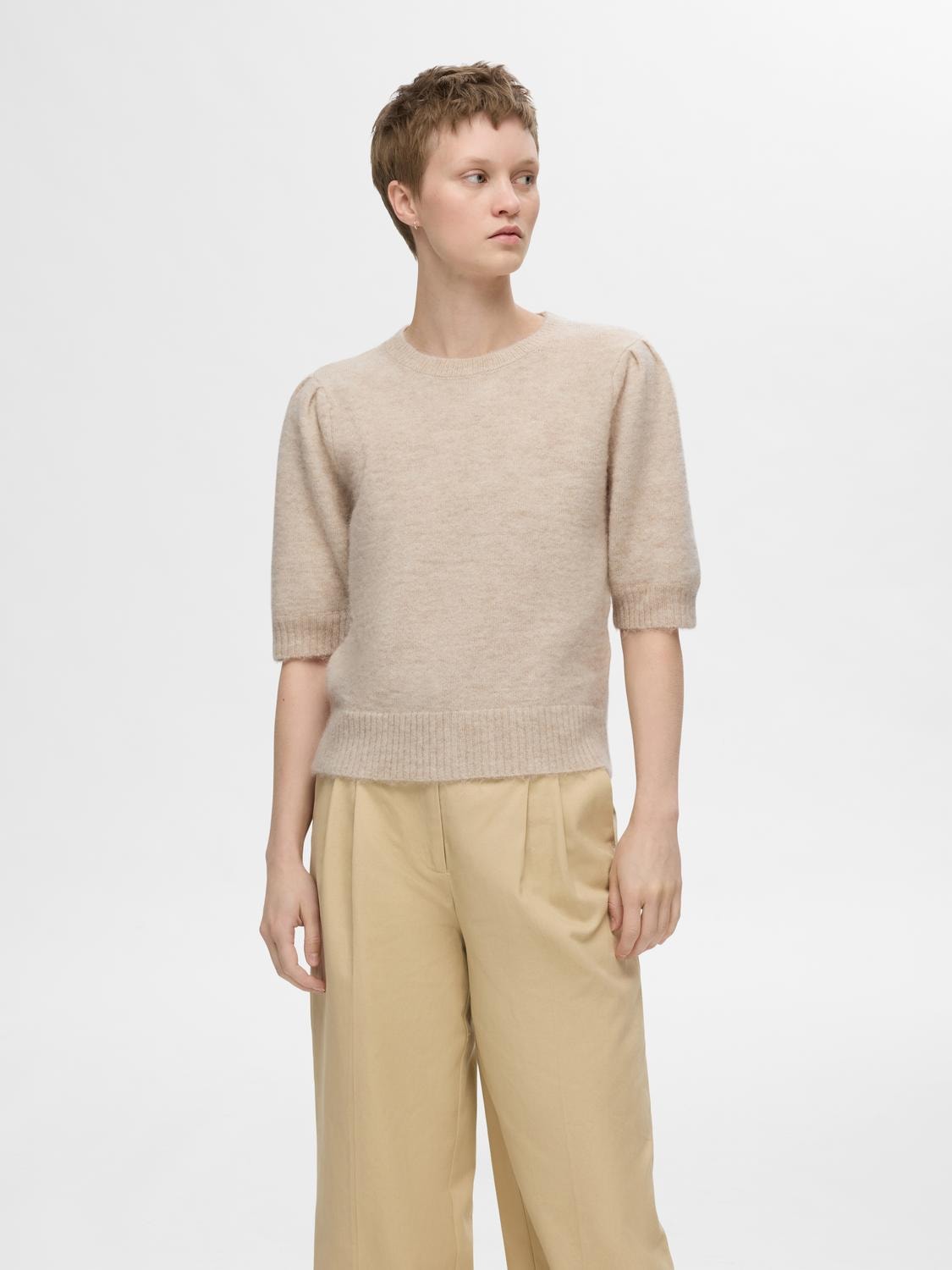 Lulu Ss Open Back Knit O-Neck - Birch Melange