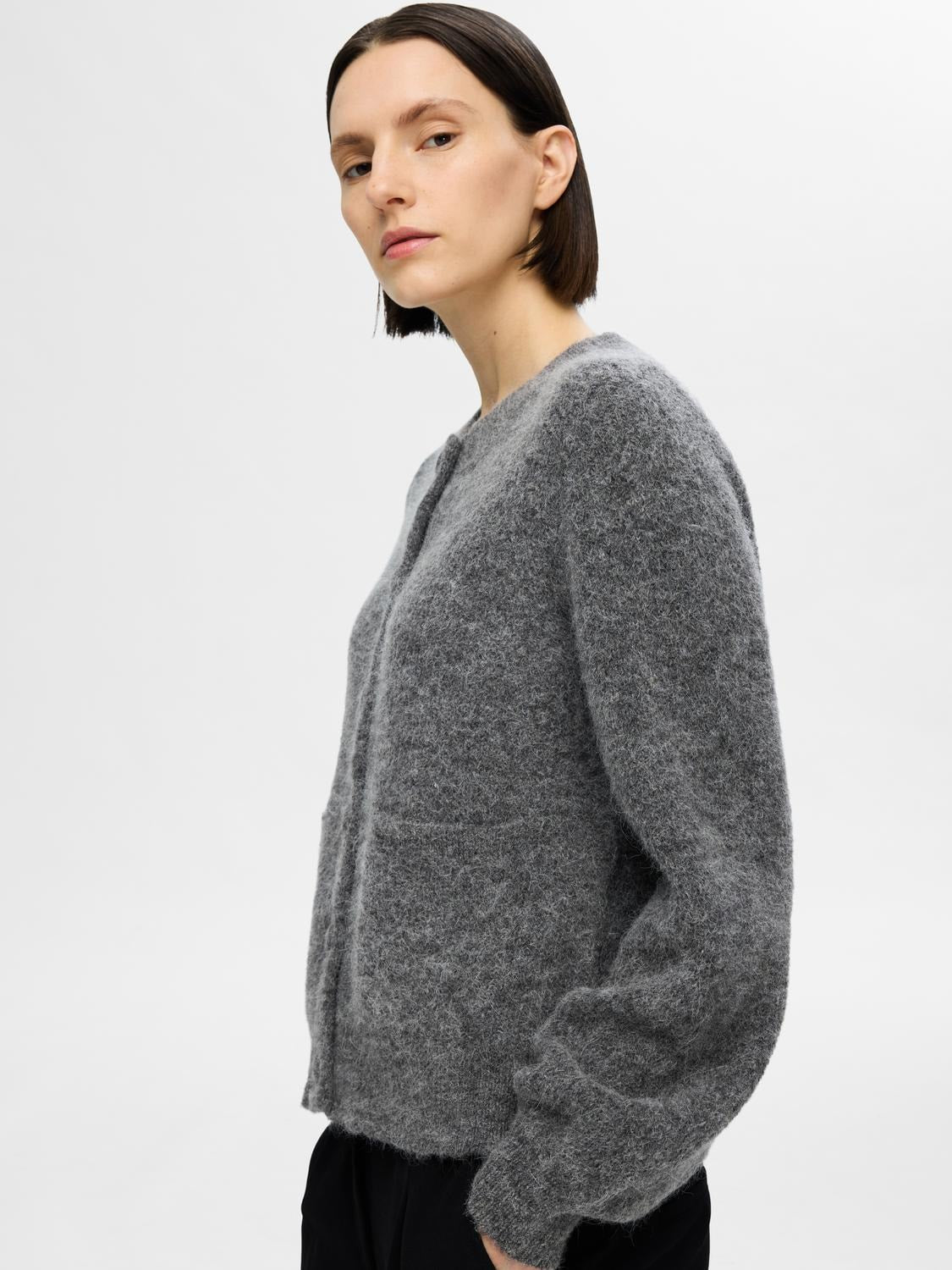 Sia Ras Ls Knit Pocket Cardigan - Medium Grey Melange